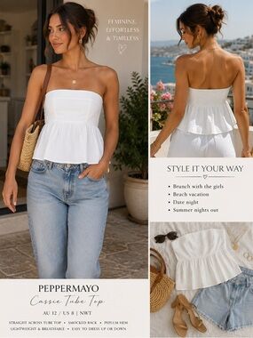 Peppermayo Cassie White Tube Top NWT Smocked Back Peplum Babydoll Top US 8
